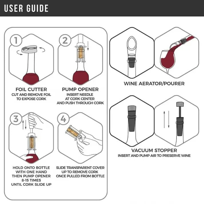 Air Pressure Wine Opener Set | Needle Cork Extractor with Foil Cutter, Pourer &amp; Stopper | No Batteries or Gas Needed