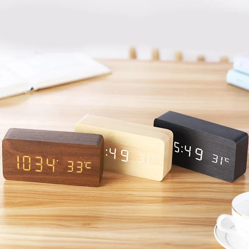 Digital LED Alarm Clock Wood Desk Clock | Adjustable Brightness &amp; Temperature Display | Multiple Alarm Settings 1