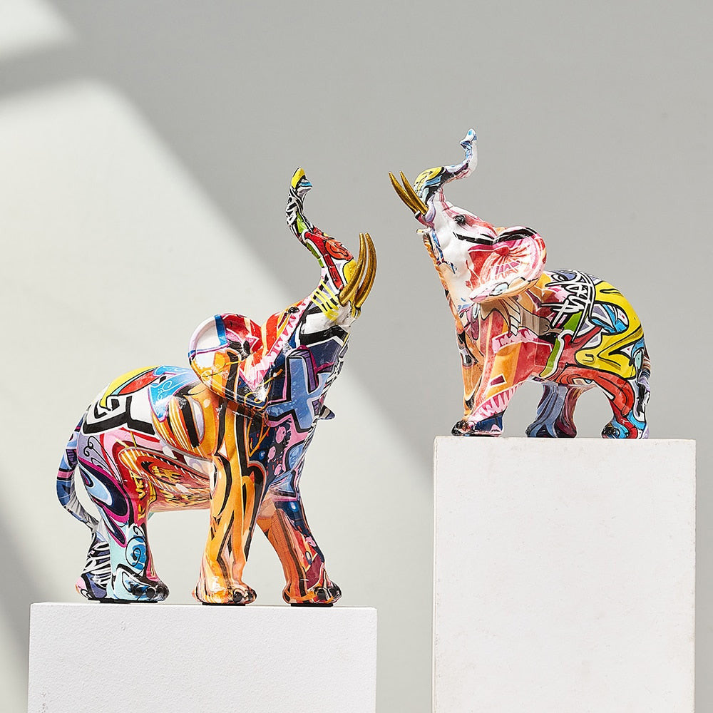 Animal Sculpture | Graffiti Pop Art Elephant Ornament with Raised Trunk for Shelves and Sideboards