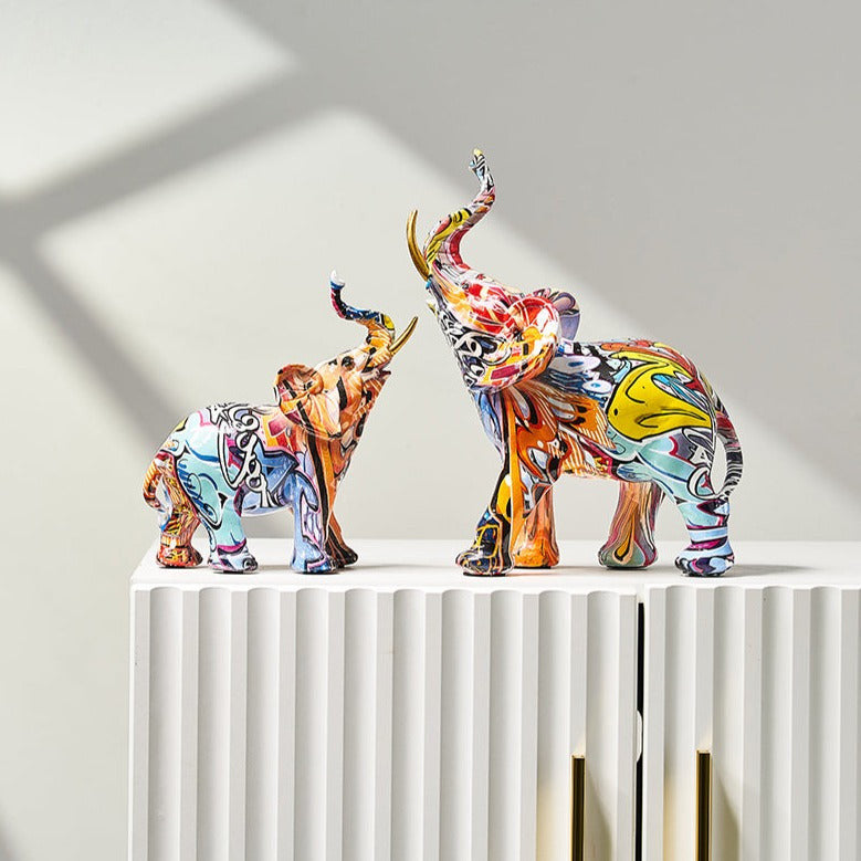 Animal Sculpture | Graffiti Pop Art Elephant Ornament with Raised Trunk for Shelves and Sideboards