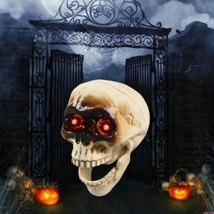 Animated Halloween Skeleton Head | Flashing Red Eyes &amp; Moving Jaw | Plastic Halloween Decoration with Built-In Hanging Loop