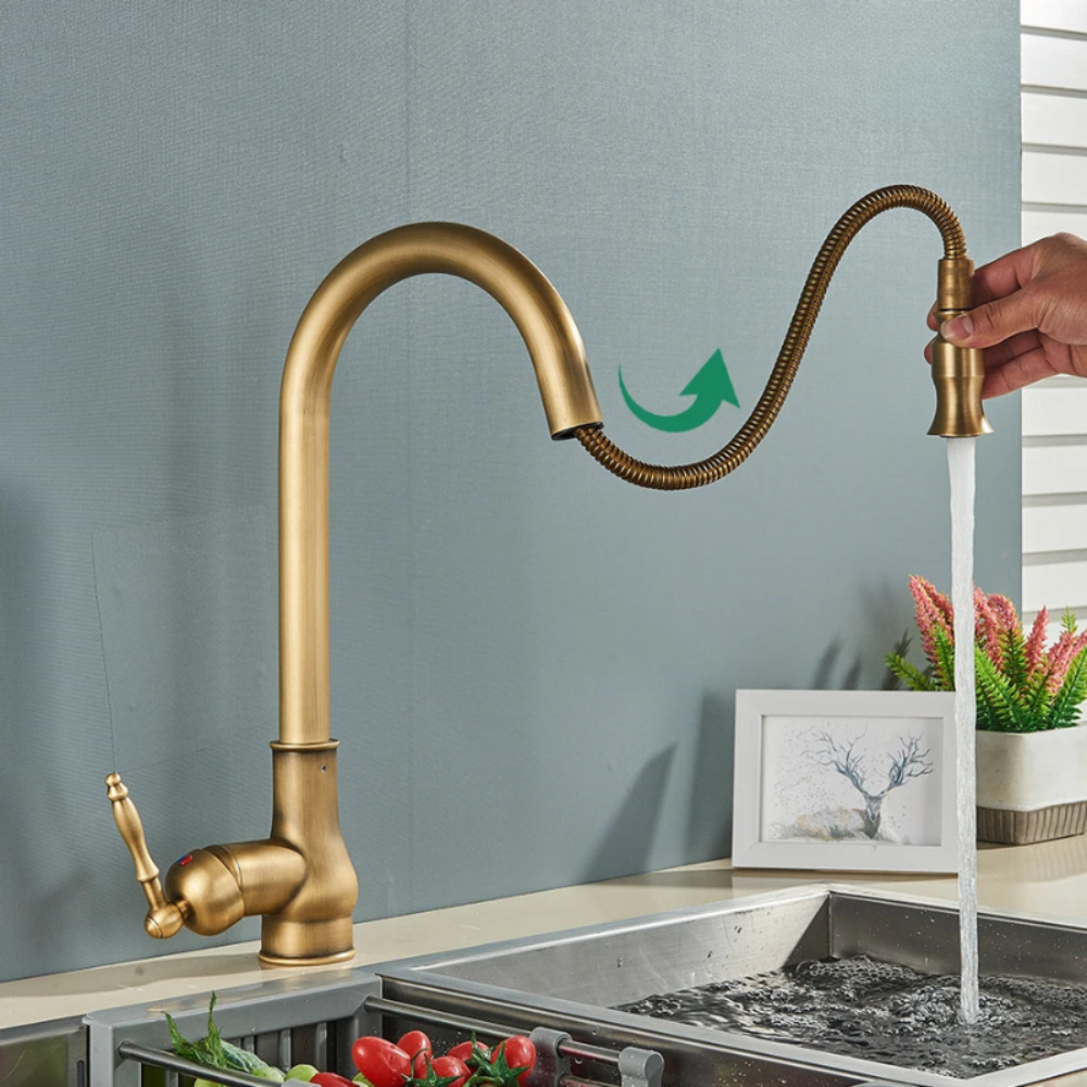 Antique Brass Kitchen Mixer Tap | Swivel Spout &amp; Pull-Out Sprayer | Single Hole | Ceramic Valve