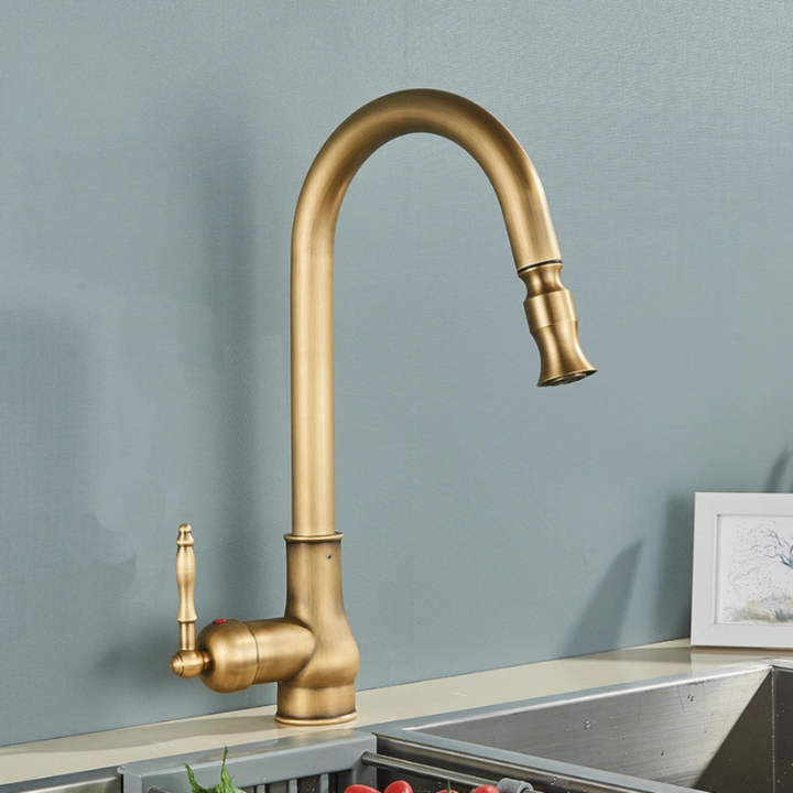 Antique Brass Kitchen Mixer Tap | Swivel Spout &amp; Pull-Out Sprayer | Single Hole | Ceramic Valve