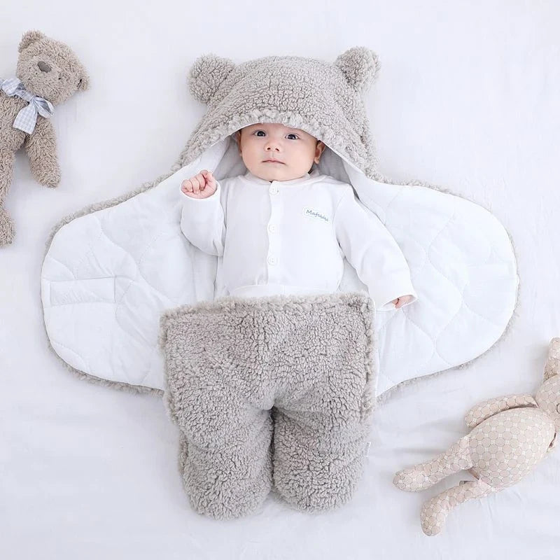 Baby Swaddle Blanket Fleece | Hooded Wrap with Inner Arm Mitts | Soft Cotton-Lined Sleeping Bag for Newborns 0-6 Months