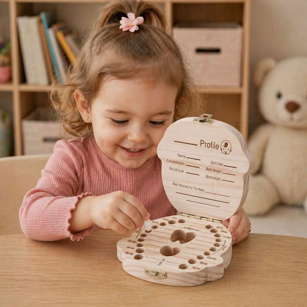 Baby Tooth Keepsake Box Wood | Labelled Compartments & Writable Surface | Secure Lid Keeps Each Tooth Organised