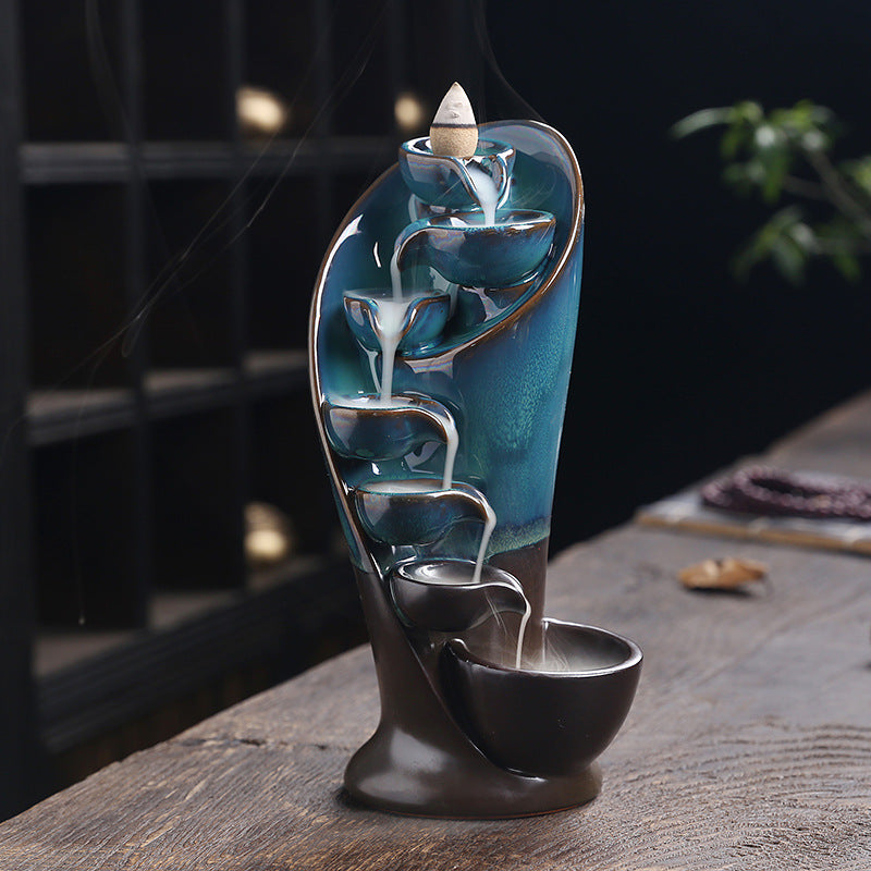 Backflow Incense Burner Ceramic Waterfall Ornament with Downward Smoke Flow