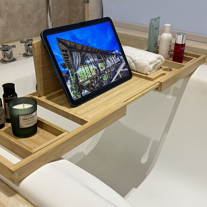 Bamboo Bathtub Tray | Adjustable Design with Multiple Compartments | Fits Most Bathtub Shapes, Space for Books & Drinks
