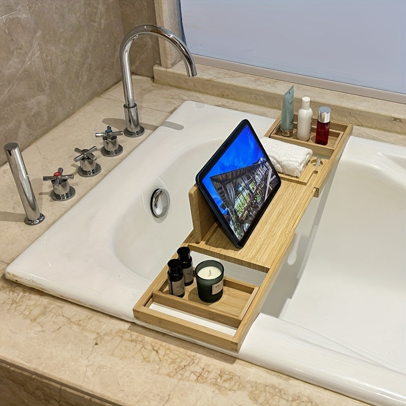 Bamboo Bathtub Tray | Adjustable Design with Multiple Compartments | Fits Most Bathtub Shapes, Space for Books &amp; Drinks