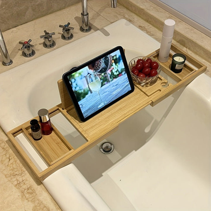 Bamboo Bathtub Tray | Adjustable Design with Multiple Compartments | Fits Most Bathtub Shapes, Space for Books &amp; Drinks