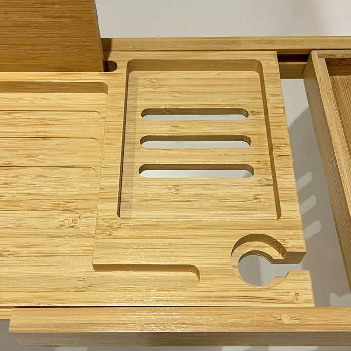 Bamboo Bathtub Tray | Adjustable Design with Multiple Compartments | Fits Most Bathtub Shapes, Space for Books &amp; Drinks