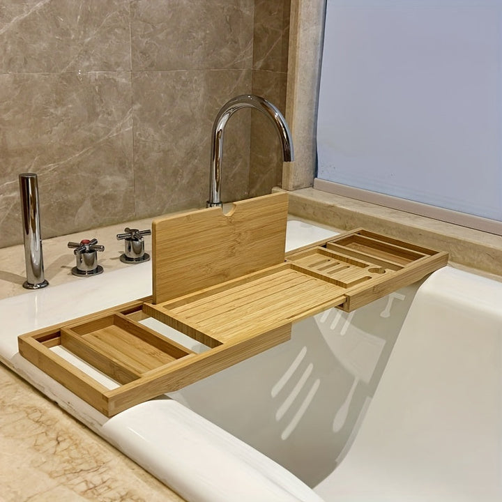 Bamboo Bathtub Tray | Adjustable Design with Multiple Compartments | Fits Most Bathtub Shapes, Space for Books &amp; Drinks