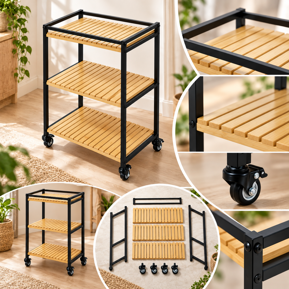 Bamboo Storage Trolley Rack | 3-Tier Rolling Organiser | Slim Design for Tight Corners, Kitchen & Bathroom Storage