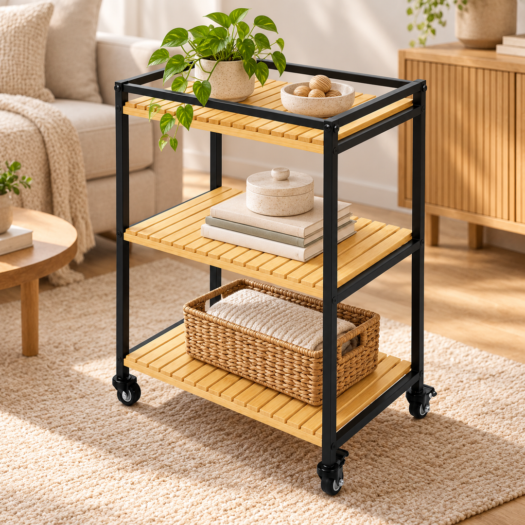 Bamboo Storage Trolley Rack | 3-Tier Rolling Organiser | Slim Design for Tight Corners, Kitchen & Bathroom Storage