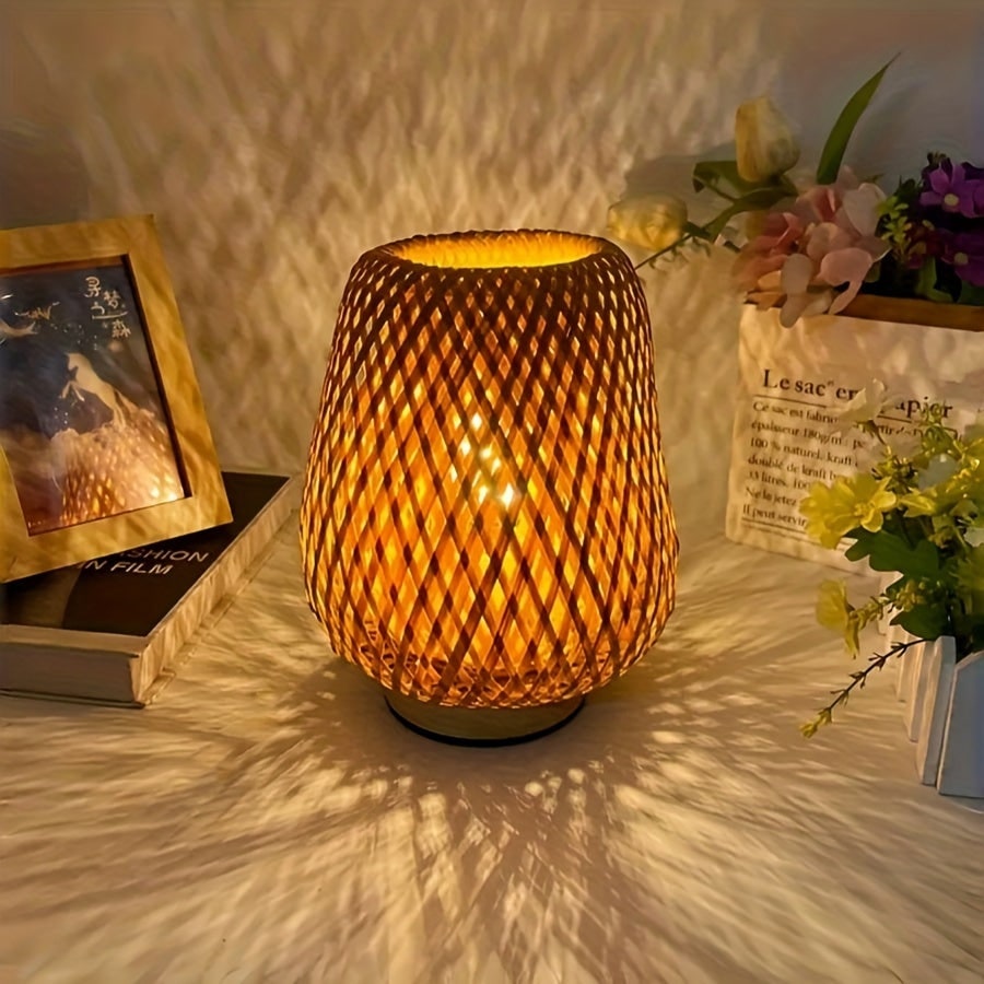 Bamboo Woven Table Lamp with Wooden Base | USB Powered Dimmable LED | Casts Patterned Light Shadows, Inline Dimmer Control