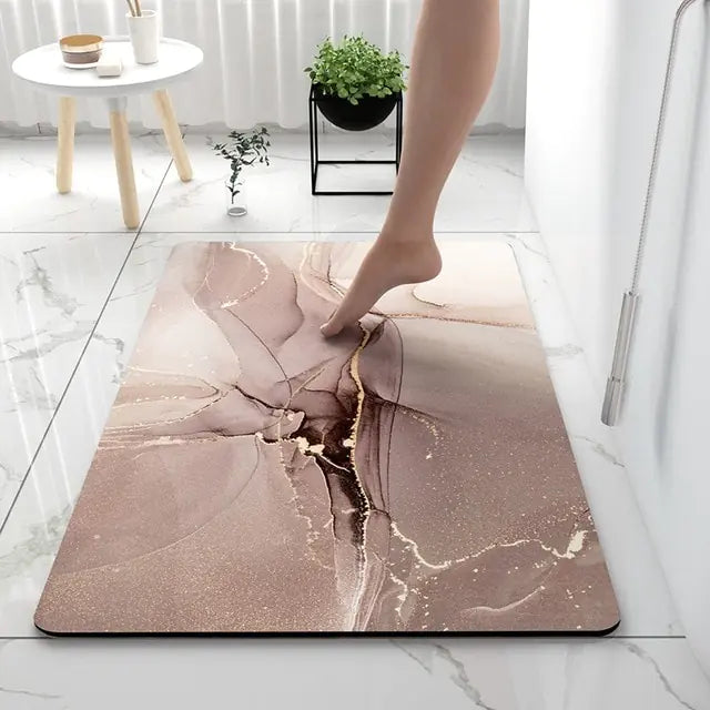 Bath Mat Marble-Effect Non-Slip Absorbent with Quick-Drying Surface