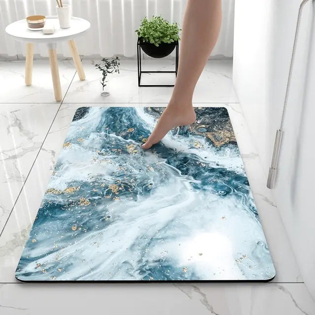 Bath Mat Marble-Effect Non-Slip Absorbent with Quick-Drying Surface