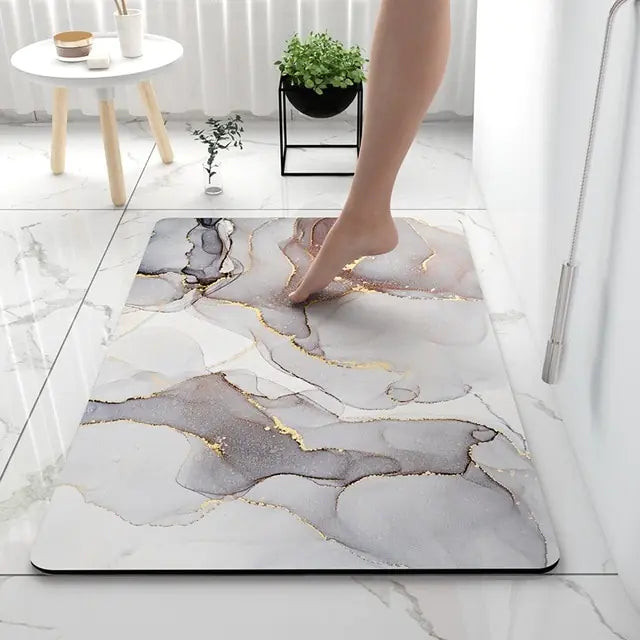 Bath Mat Marble-Effect Non-Slip Absorbent with Quick-Drying Surface