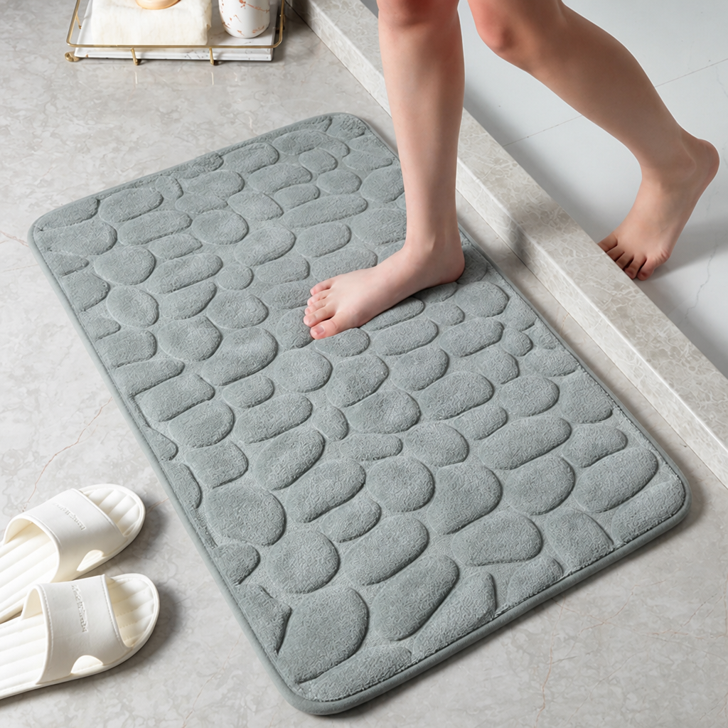Bath Mat With Anti-slip Coating | Embossed Pebble Memory Foam Mat for Bathrooms