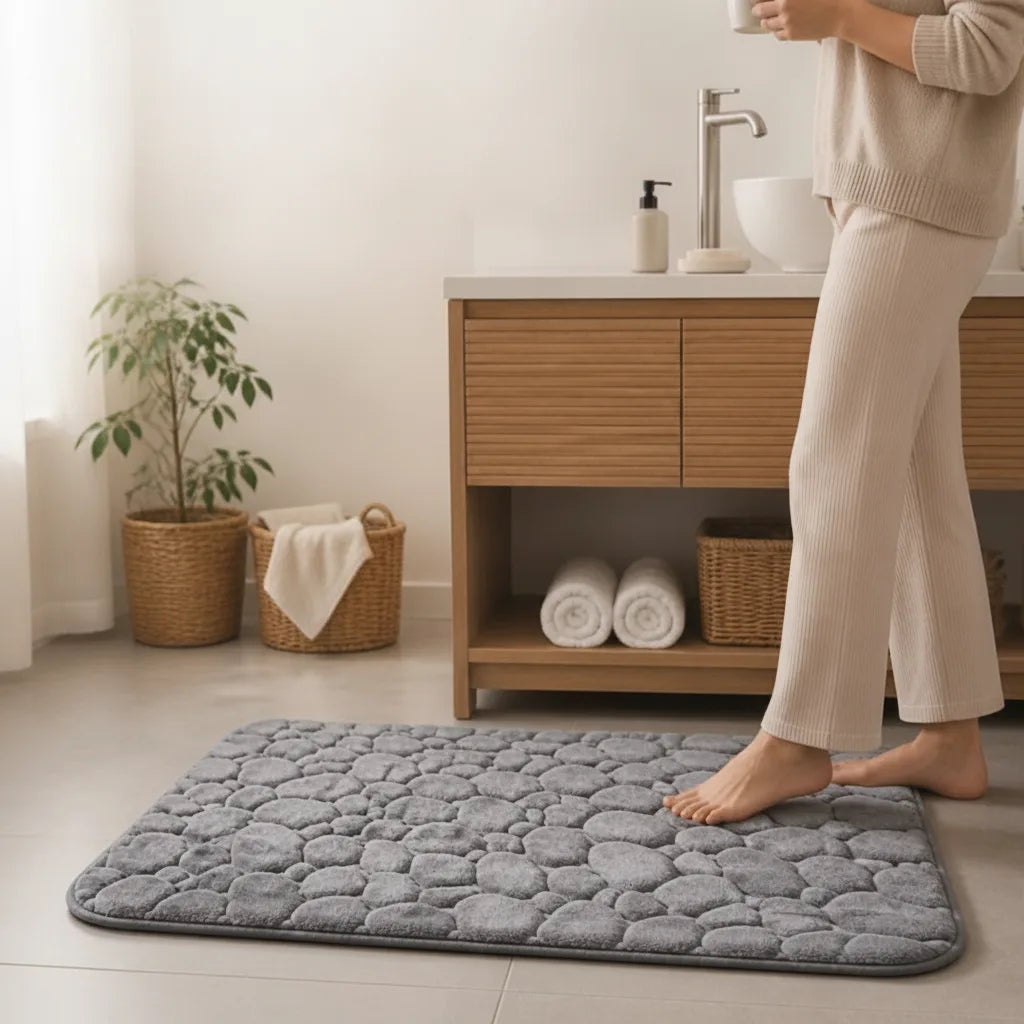 Bath Mat With Anti-slip Coating | Embossed Pebble Memory Foam Mat for Bathrooms