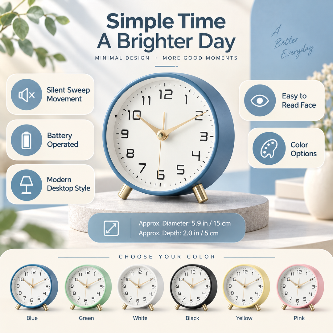 Battery Operated Table Clock Scandinavian Metal with Silent Sweep Movement