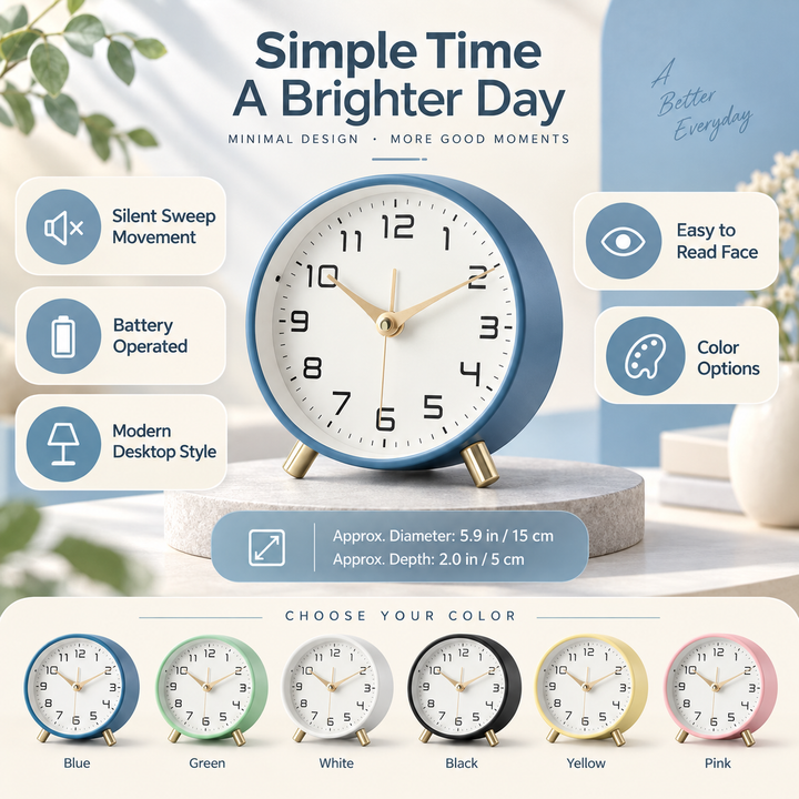 Battery Operated Table Clock Scandinavian Metal with Silent Sweep Movement
