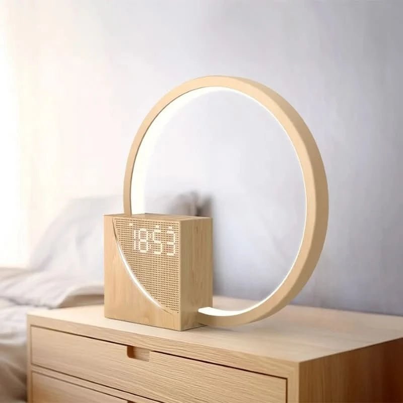 Bedside Table Lamp with Digital Alarm Clock Display | USB Charging Port, Wood Grain Finish | Circular LED Night Light Ring