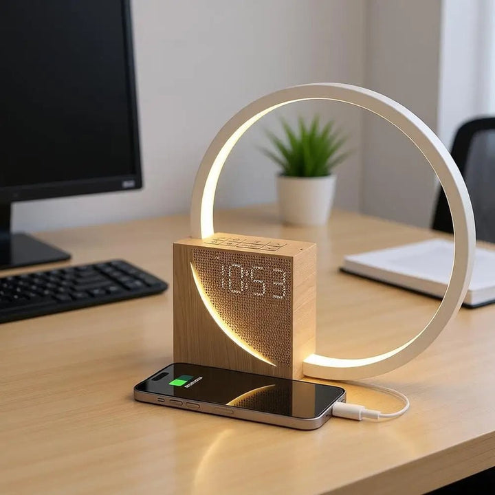Bedside Table Lamp with Digital Alarm Clock Display | USB Charging Port, Wood Grain Finish | Circular LED Night Light Ring