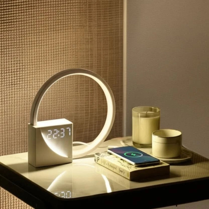 Bedside Table Lamp with Digital Alarm Clock Display | USB Charging Port, Wood Grain Finish | Circular LED Night Light Ring