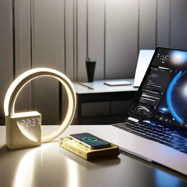 Bedside Table Lamp with Digital Alarm Clock Display | USB Charging Port, Wood Grain Finish | Circular LED Night Light Ring