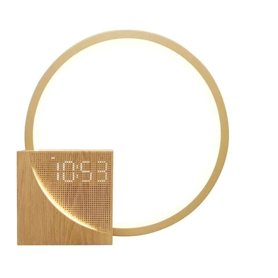 Bedside Table Lamp with Digital Alarm Clock Display | USB Charging Port, Wood Grain Finish | Circular LED Night Light Ring