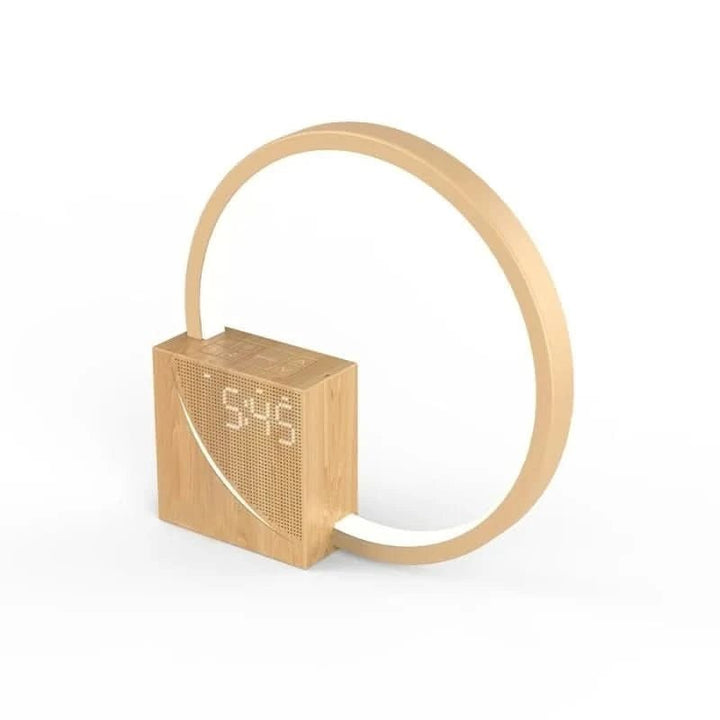 Bedside Table Lamp with Digital Alarm Clock Display | USB Charging Port, Wood Grain Finish | Circular LED Night Light Ring