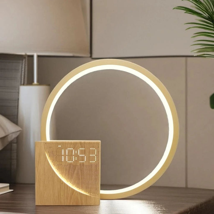 Bedside Table Lamp with Digital Alarm Clock Display | USB Charging Port, Wood Grain Finish | Circular LED Night Light Ring
