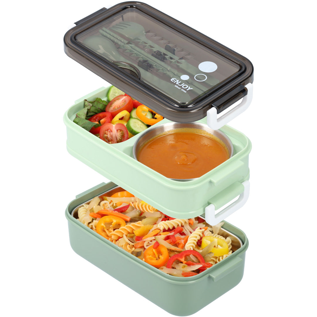 Bento Box Leak-Proof BPA-Free Plastic | Green, Compact Size for Adults and Children | Soup Bowl and Cutlery Set Included