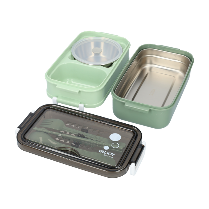 Bento Box Leak-Proof BPA-Free Plastic | Green, Compact Size for Adults and Children | Soup Bowl and Cutlery Set Included