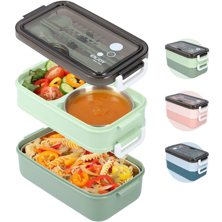 Bento Box Leak-Proof BPA-Free Plastic | Green, Compact Size for Adults and Children | Soup Bowl and Cutlery Set Included