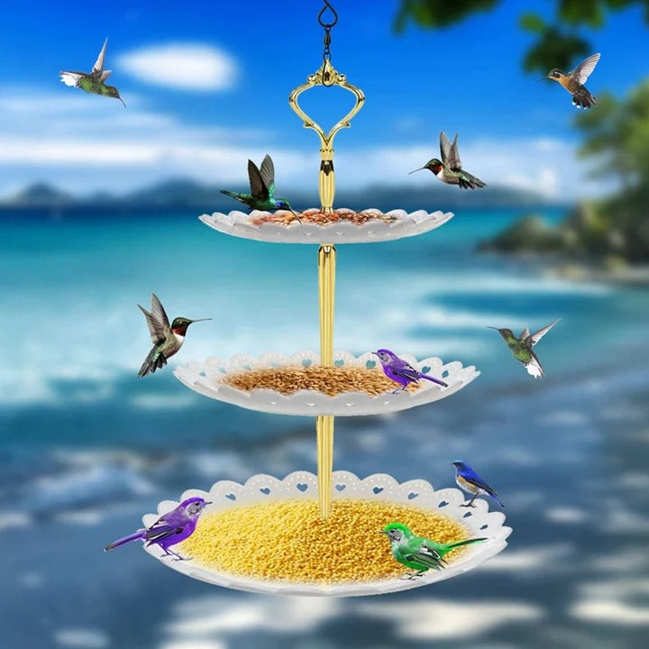 Bird Feeder 3-Tier Bath Combo Weather-Resistant with Hanging Chain