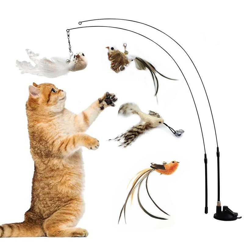 Bird Simulation Cat Toy | Suction Cup Mount, 5 Replaceable Bird Toys with Bells | Encourages Independent Play & Exercise