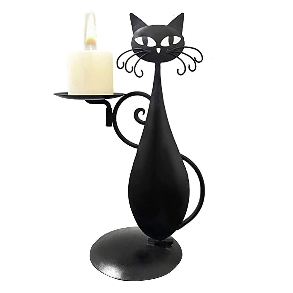 Black Cat Candle Holder Iron | Raised Tail Handle Design with Textured Fur Detail | Holds Tealights Votives Pillar Candles