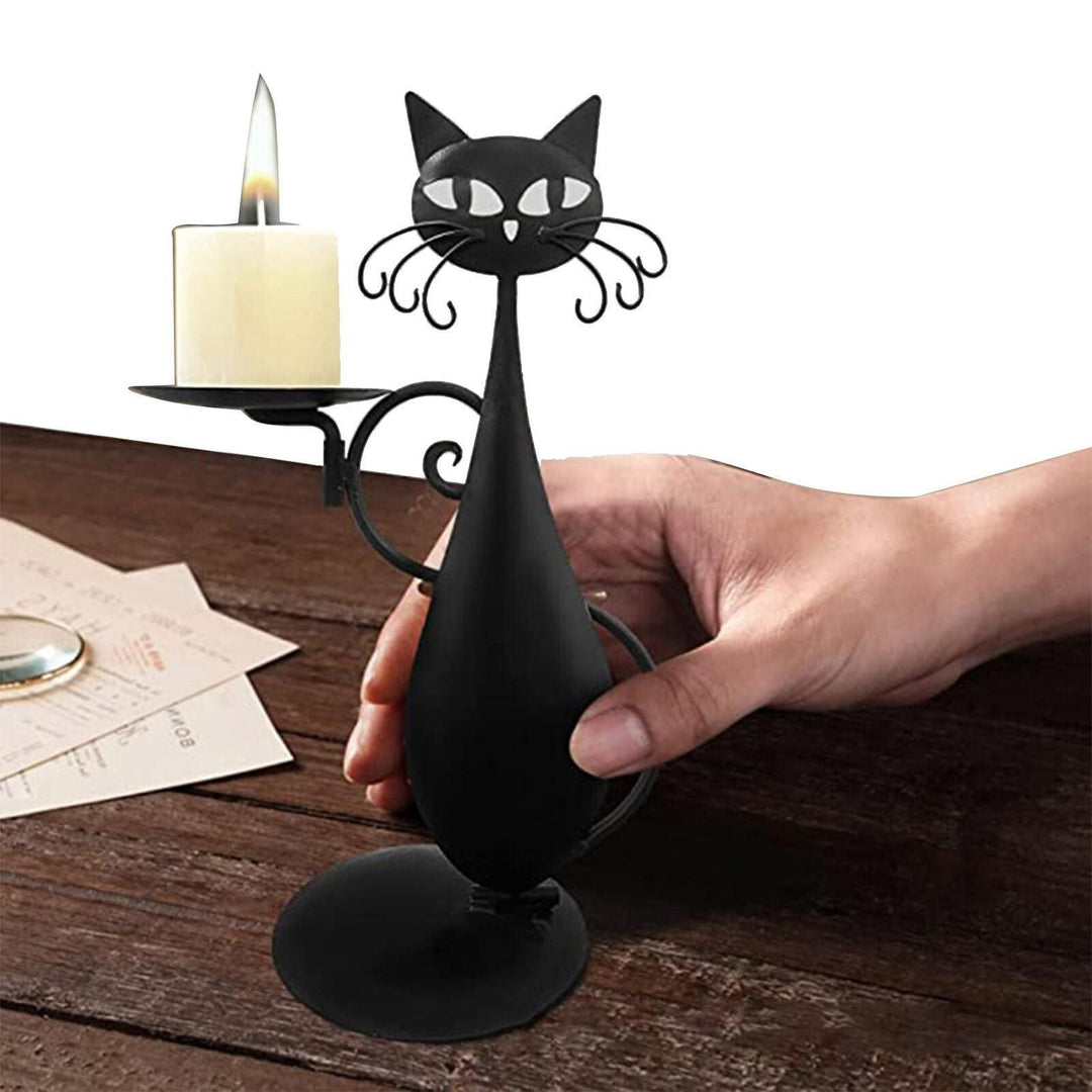 Black Cat Candle Holder Iron | Raised Tail Handle Design with Textured Fur Detail | Holds Tealights Votives Pillar Candles