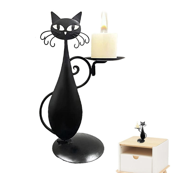 Black Cat Candle Holder Iron | Raised Tail Handle Design with Textured Fur Detail | Holds Tealights Votives Pillar Candles
