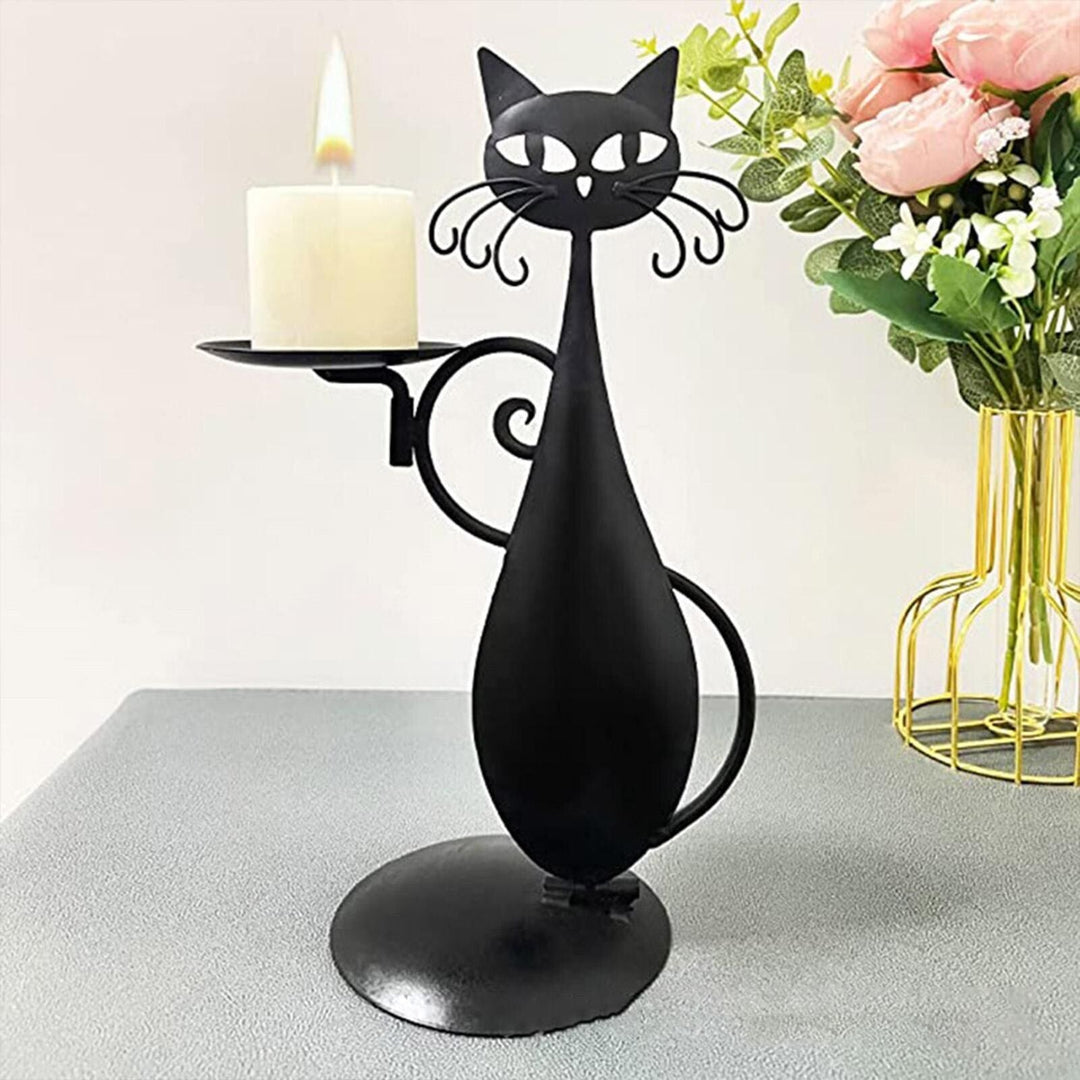 Black Cat Candle Holder Iron | Raised Tail Handle Design with Textured Fur Detail | Holds Tealights Votives Pillar Candles