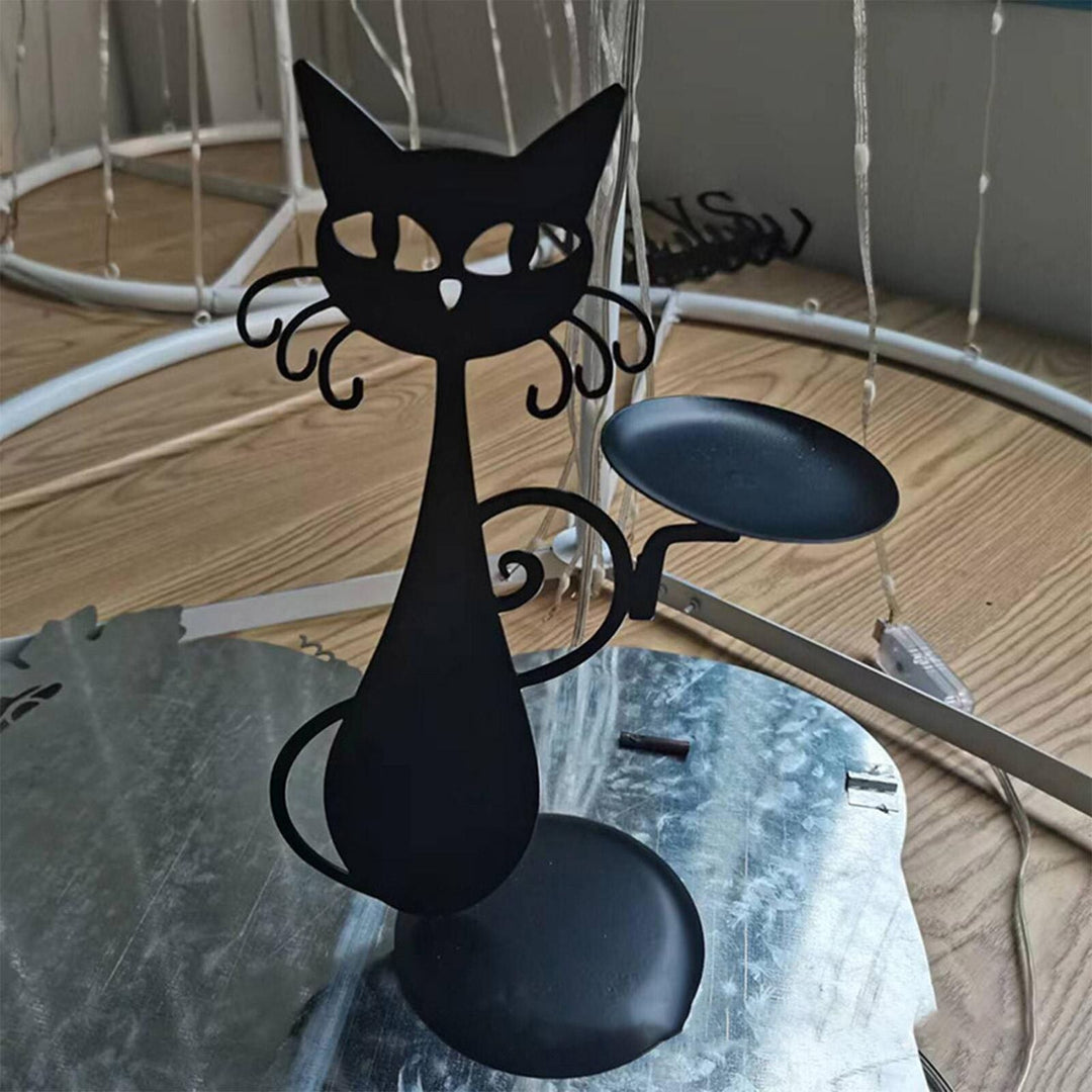 Black Cat Candle Holder Iron | Raised Tail Handle Design with Textured Fur Detail | Holds Tealights Votives Pillar Candles