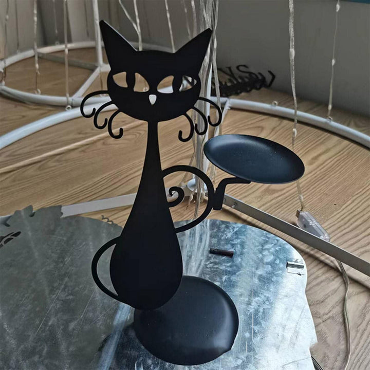 Black Cat Candle Holder Iron | Raised Tail Handle Design with Textured Fur Detail | Holds Tealights Votives Pillar Candles