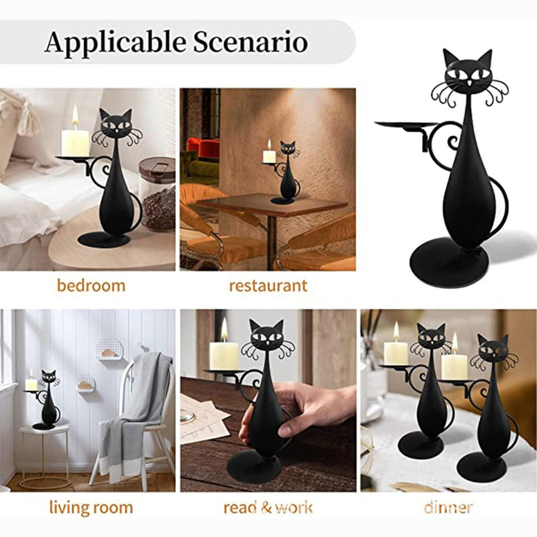 Black Cat Candle Holder Iron | Raised Tail Handle Design with Textured Fur Detail | Holds Tealights Votives Pillar Candles