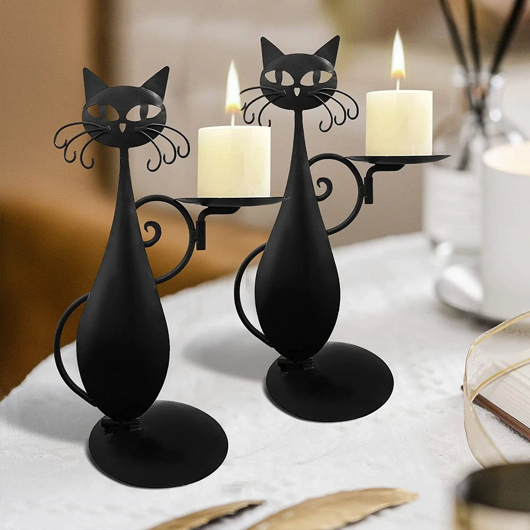 Black Cat Candle Holder Iron | Raised Tail Handle Design with Textured Fur Detail | Holds Tealights Votives Pillar Candles