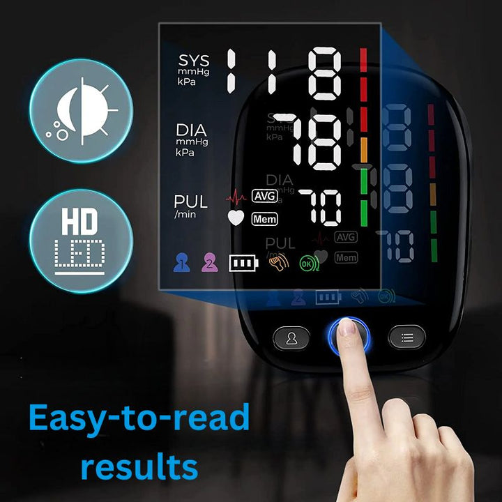 Blood Pressure Monitor with LED Display | Dual-User Memory, 120 Readings Each | Battery or USB-C, Auto Arm Detection