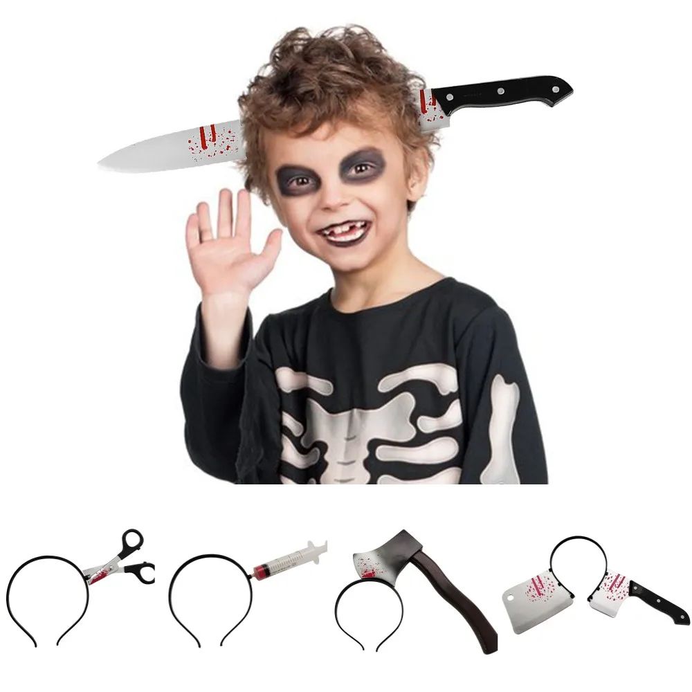 Bloody Weapon Halloween Headband | Fake Axe, Saw &amp; Knife Horror Prop | Reusable Slip-On Plastic Costume Accessory