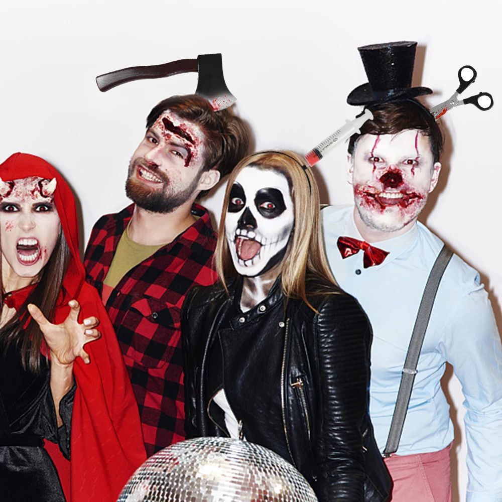 Bloody Weapon Halloween Headband | Fake Axe, Saw &amp; Knife Horror Prop | Reusable Slip-On Plastic Costume Accessory