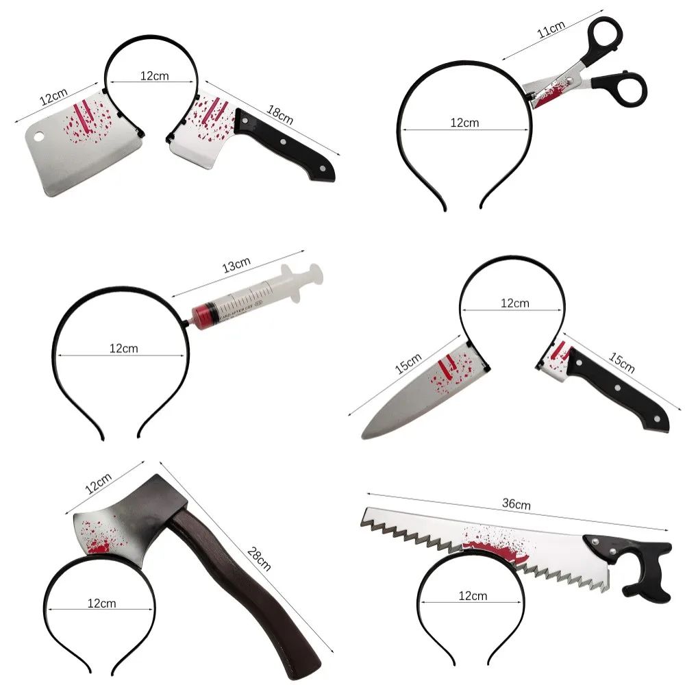 Bloody Weapon Halloween Headband | Fake Axe, Saw &amp; Knife Horror Prop | Reusable Slip-On Plastic Costume Accessory
