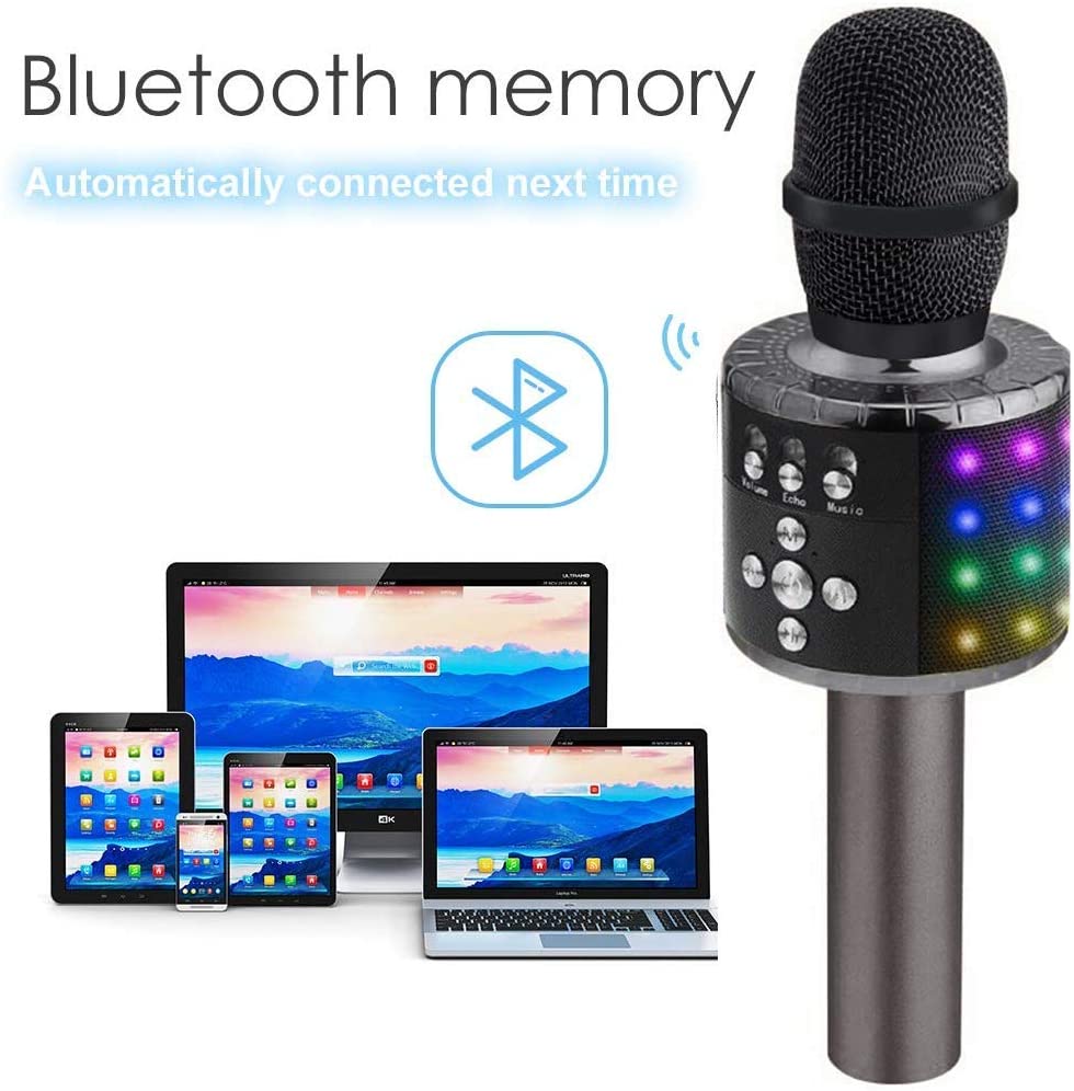 Bluetooth Karaoke Microphone 4-in-1 | Wireless Handheld Speaker &amp; Recorder | 2000mAh Rechargeable Battery with LED Lights